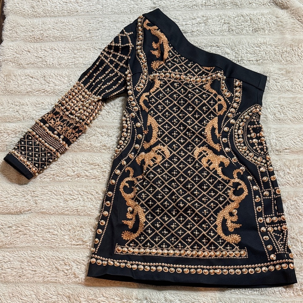 Black Gold Pearl Embellished One Shoulder Mini Dress | Statement